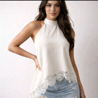 Blusa Feminina Gola Alta Assimétrica com Renda Elegante Casual 2026 em Oferta na Shopee