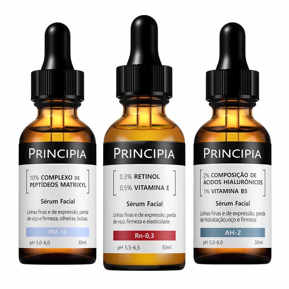 Principia Kit Trio Antissinais c/ Sérum Hialurônicos AH-2 + Sérum Peptídeos PM-10 + Sérum Retinol Rn-0,3
