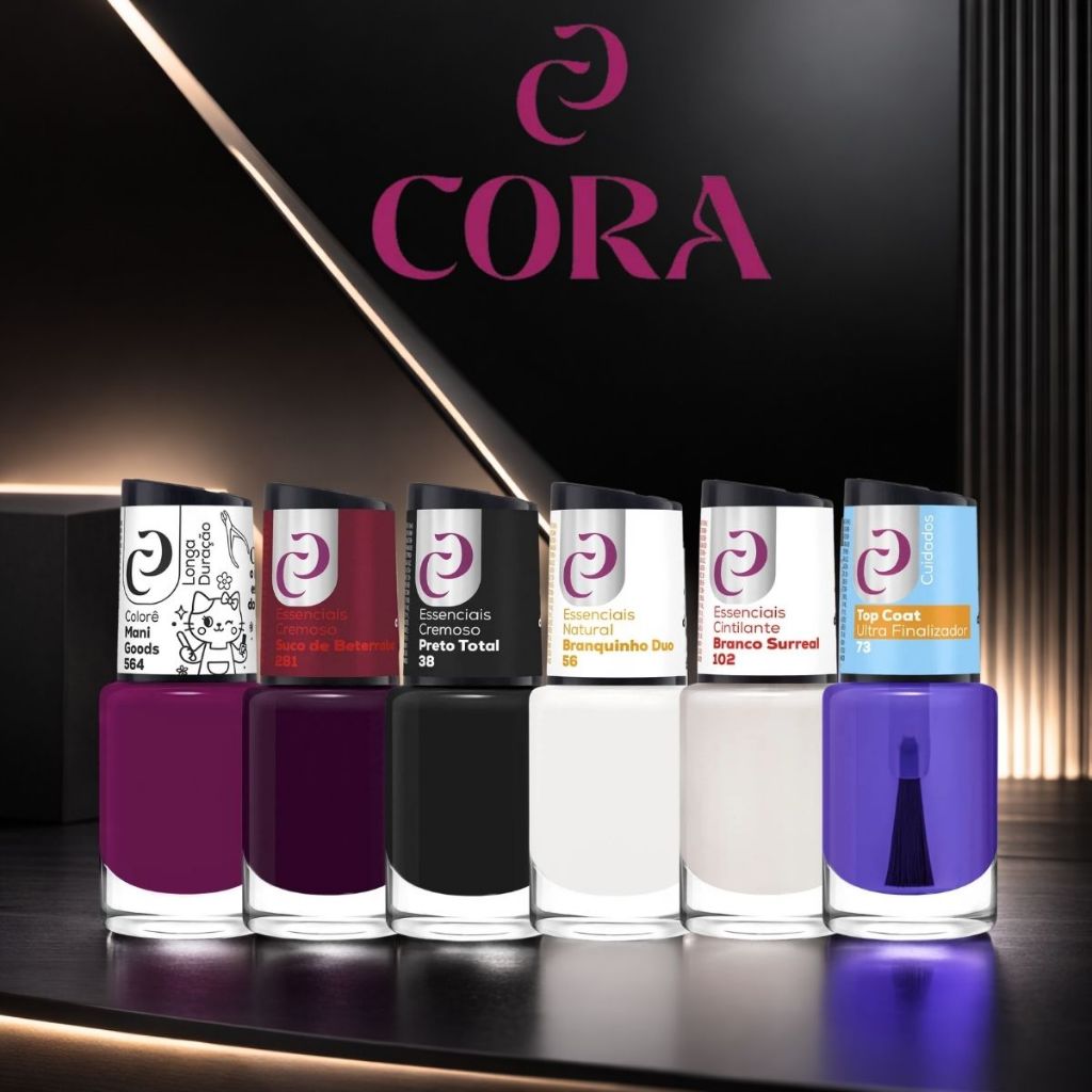 Kit 6 Esmaltes Cora Tons Escuros Top Coat Ultra Finalizador Clássicos Mais Vendidos