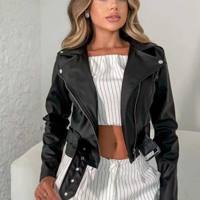 Jaqueta De Couro Feminina Courinho Sintético Com Zíper Fivela Cinto Inverno Elegante Envio Imediato