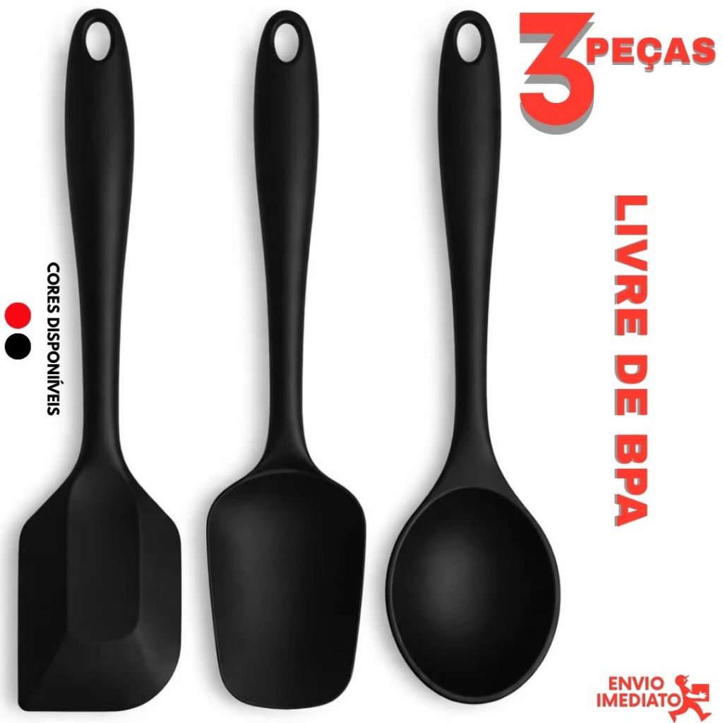 Kit 3 Utensílios de Silicone Espátulas e Colher Antiaderente Cozinha em Oferta na Shopee