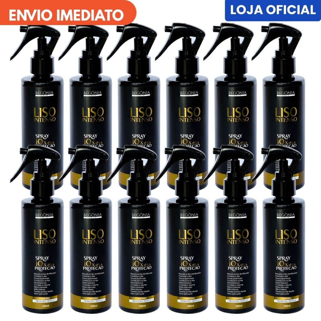Kit 12 Sprays Liso Intenso 200ml Begônia Gold Protetor Térmico Brilho Proteção