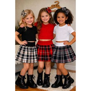 Conjunto 3 Peças (Saia + Cropped + Presilha) Feminino Menina Infantil Xadrez. em Oferta na Shopee