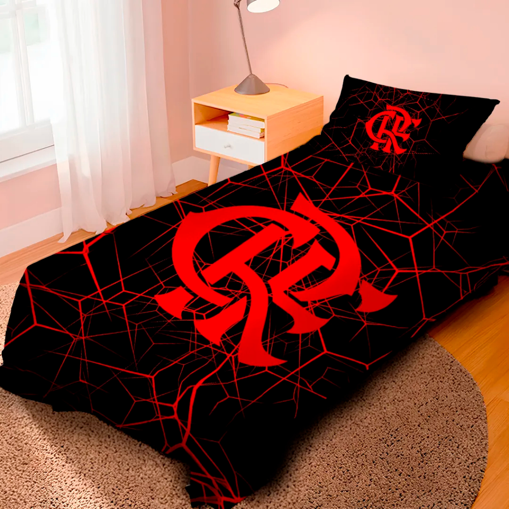 Lençol Cobre e Leito Infantil Mengão + Fronha Personalizada Solteiro 100% Poliéster Premium Flamengo Preto e Vermelho