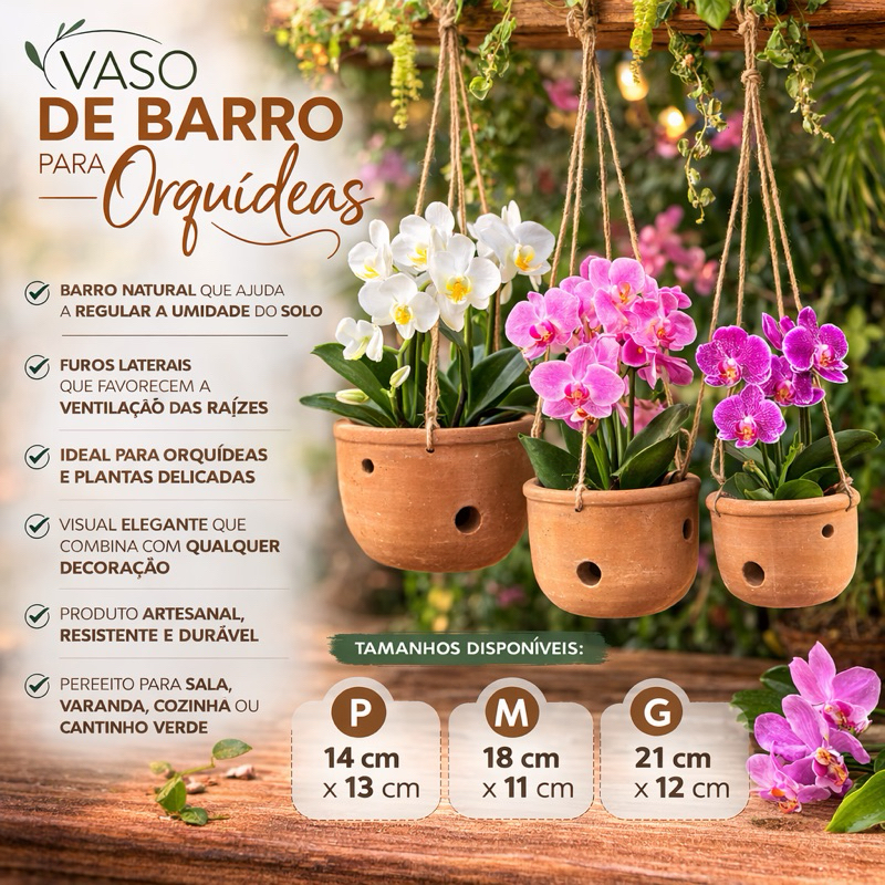 Kit Vasos de Barro para Orquídeas – Furos para Ventilação das Raízes – Vaso Artesanal Resistente – Kit com 3(P, M e G)