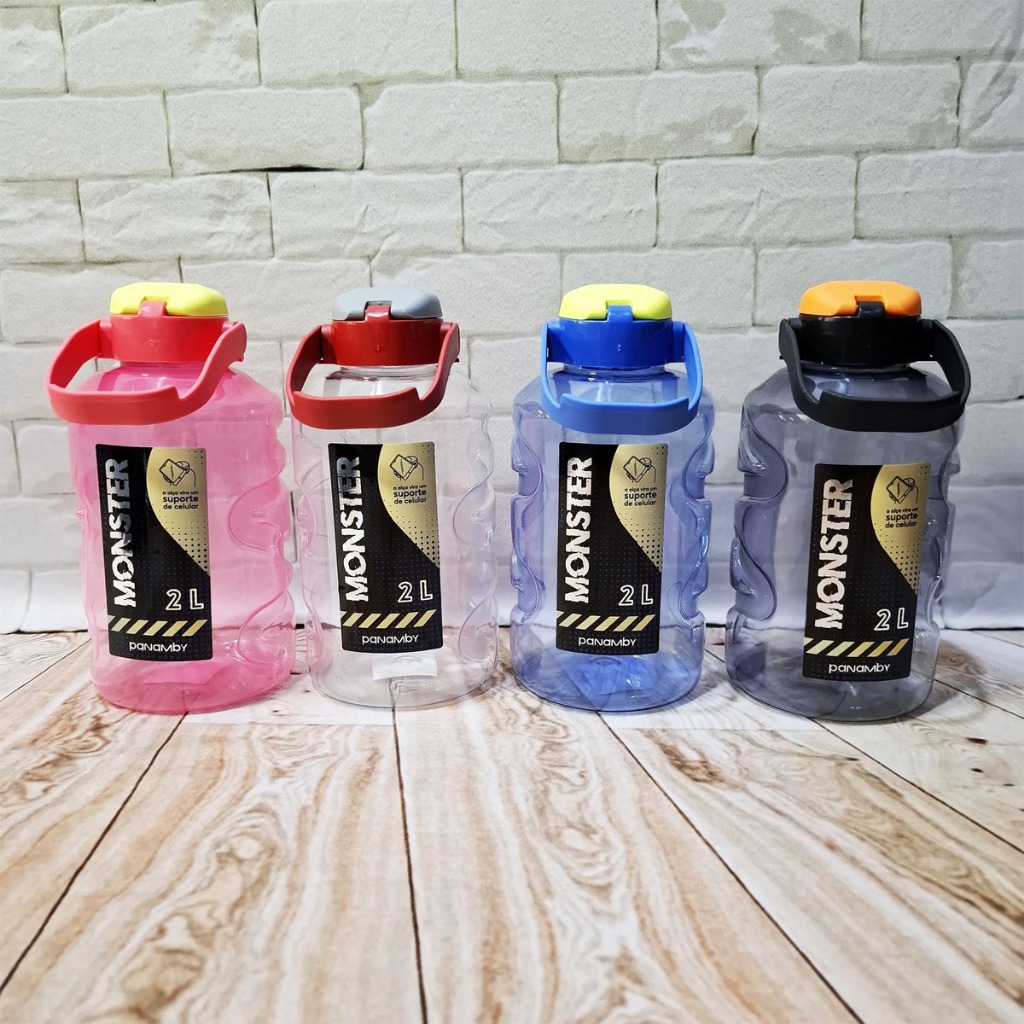 Garrafa Galão De Água Monster 2L Com Alça Reforçada e Suporte Apoio Celular Squeeze Grande Academia