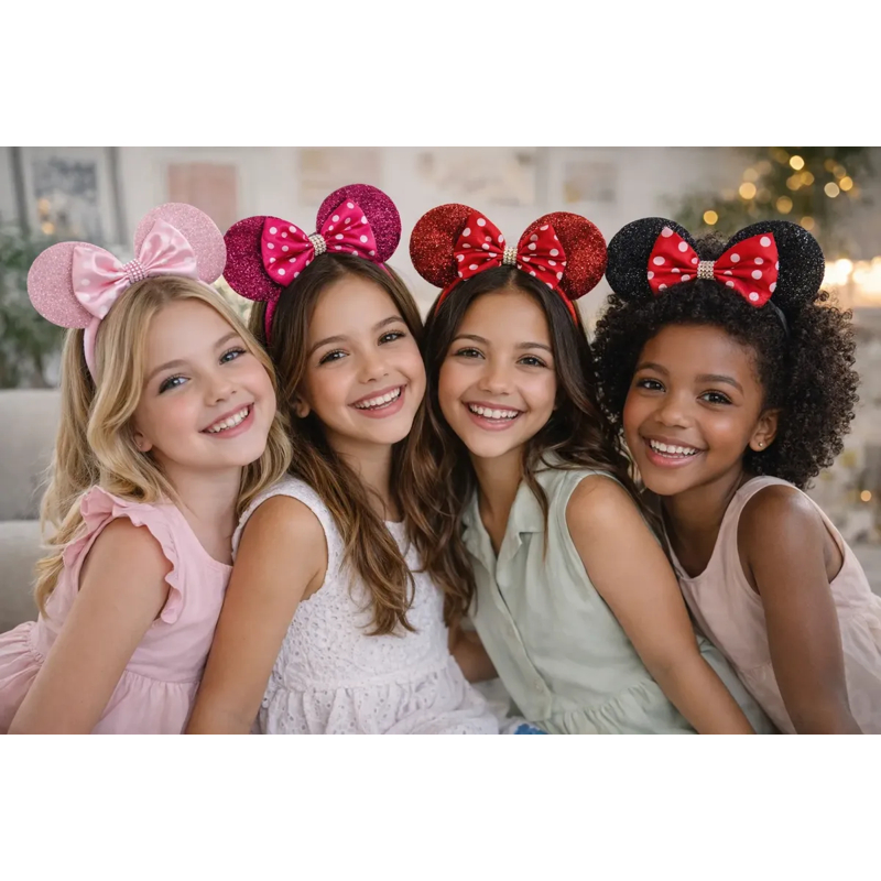 Kit 4 Tiaras Amigas Arquinho Orelhas Minnie Acessório - Festas, Aniversários, Eventos - Adulto e Infantil - 04 cores
