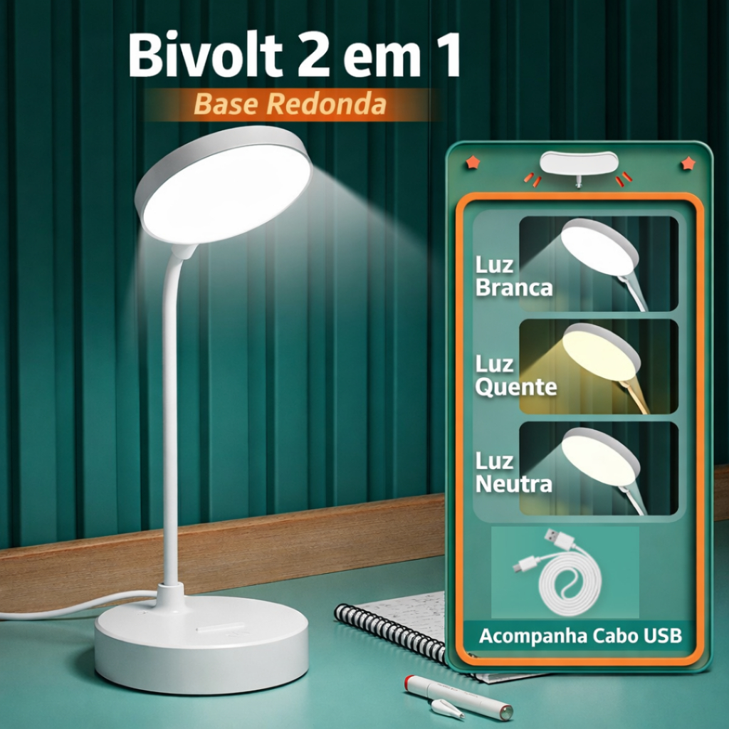 Luminária LED de Mesa USB 3 Modos de Luz Ajustável Flexível Abajur para Estudo Leitura Quarto Escritório