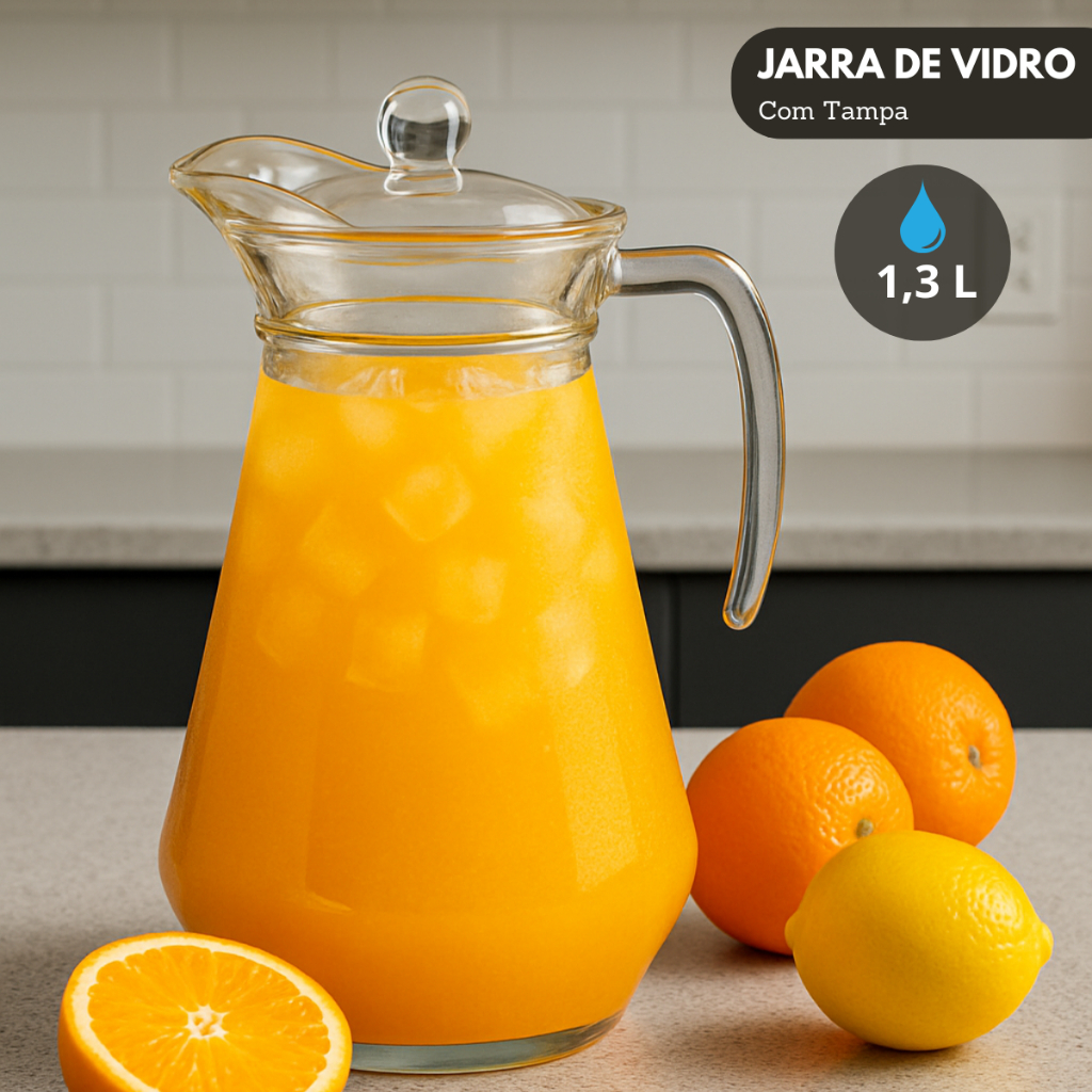 Jarra de Vidro Com Tampa Alça Para Agua Sucos Drinks Bares Restaurantes Cozinha Almoço Jantar