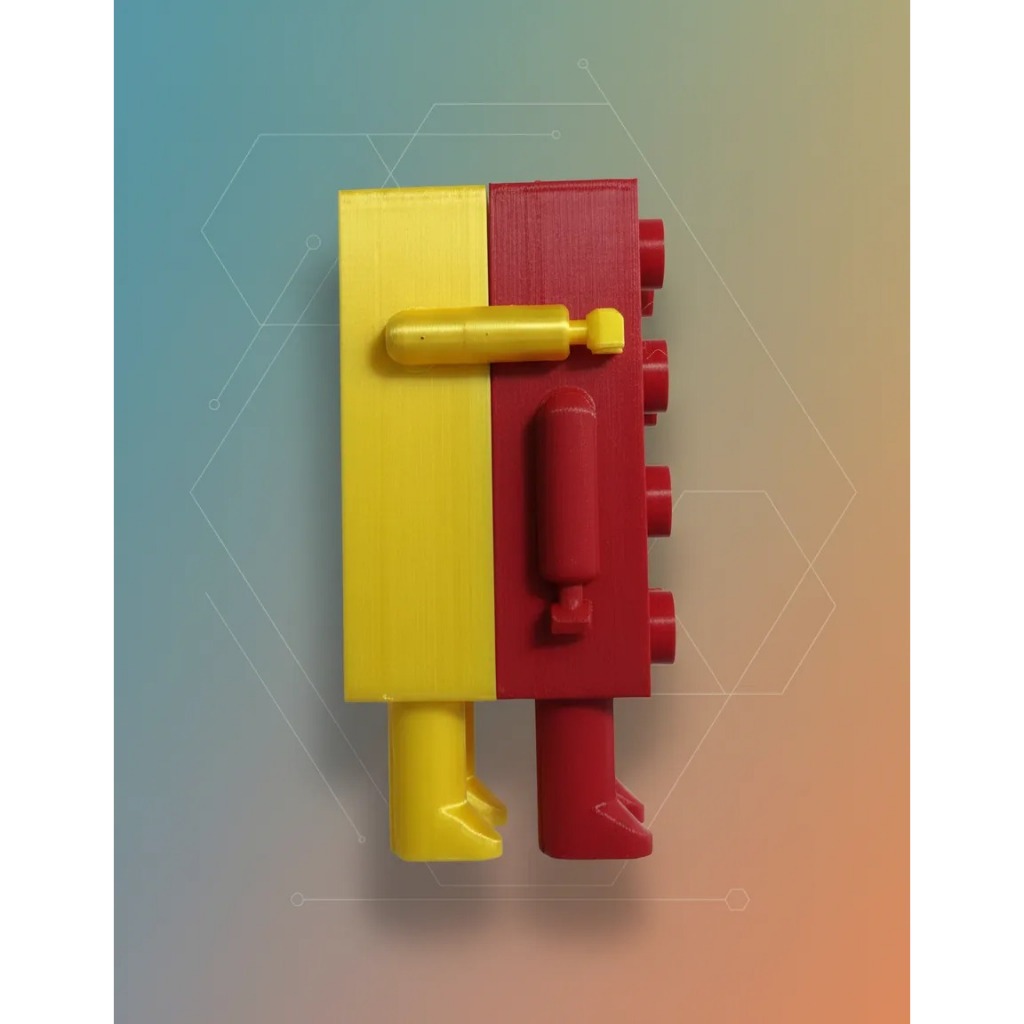Boneco bloco peça lego fofo para decoração duo amarelo e vermelho.