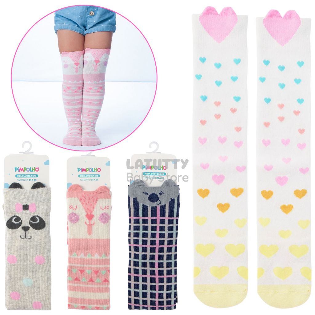Meia Infantil Menina Tamanho 21-25 Pimpolho Meia Cano Alto Joelho 5/8 Bebê 1 a 3 Anos em Oferta na Shopee