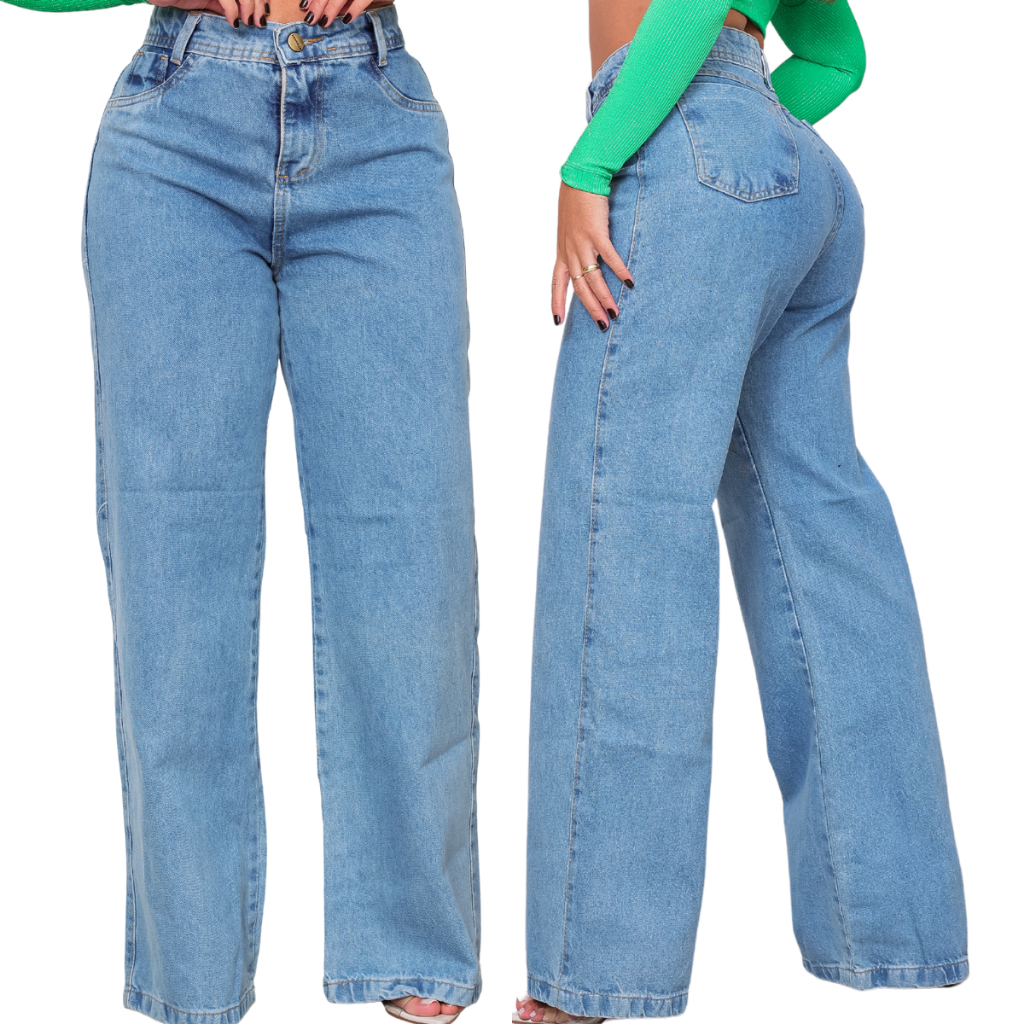 CALÇA WID LEG JEANS PREMIUM COS ALTO CLARA MARMORIZADA ESCURA CALÇA DA BOCA LARGA em Oferta na Shopee