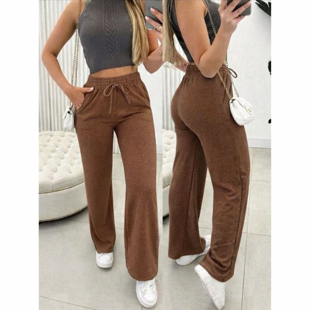 Calça pantalona feminina cintura alta com bolso pra inverno tecido lanzinha