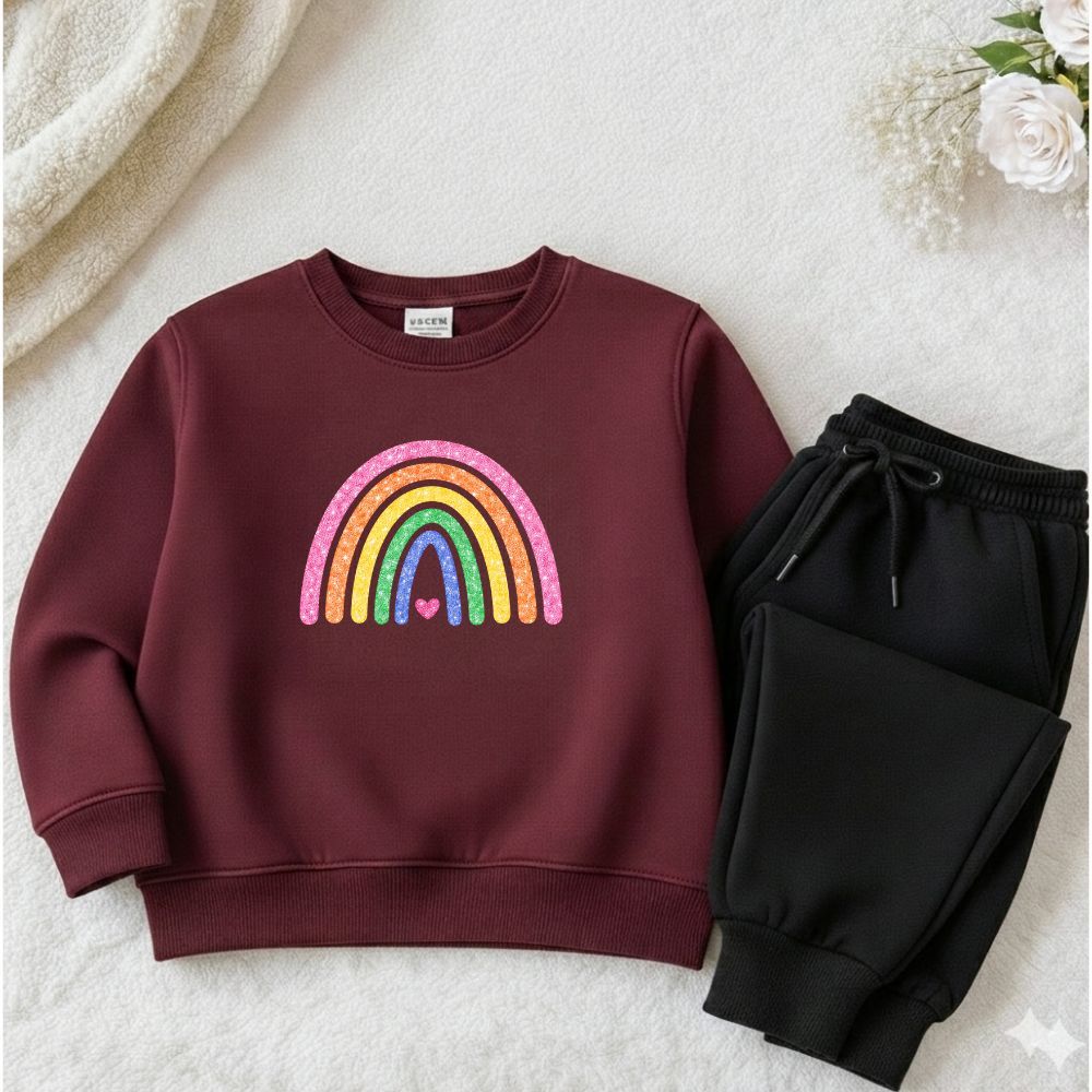 Conjunto moletom juvenil e infantil meninas arco iris calça moletom e blusa flanelada
