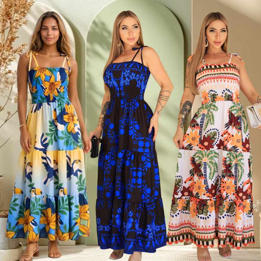 Vestido feminino longo estampado tropical floral festa moda verão casual elegante Entrega Rapida