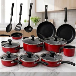 Jogo de Panelas 13 Peças Vermelho Antiaderente Kit Caçarola Frigideira Fervedor Talheres Conjunto Mesa Posta em Oferta na Shopee