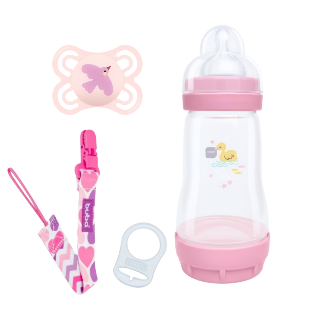 Kit Mamadeira MAM 260ml Anticólica Chupeta MAM Perfect 0-6 meses + Prendedor Buba Bebê Recém Nascidos Anel Adaptador