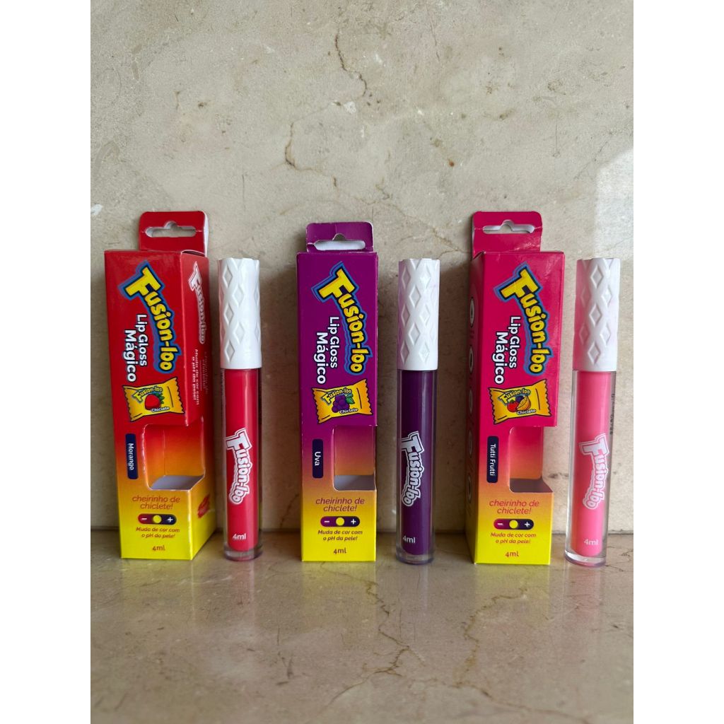 Kit 2 Lip Gloss Mágico Fusion-loo Muda de Cor pH Chiclete Morango Uva Tutti Frutti 4ml