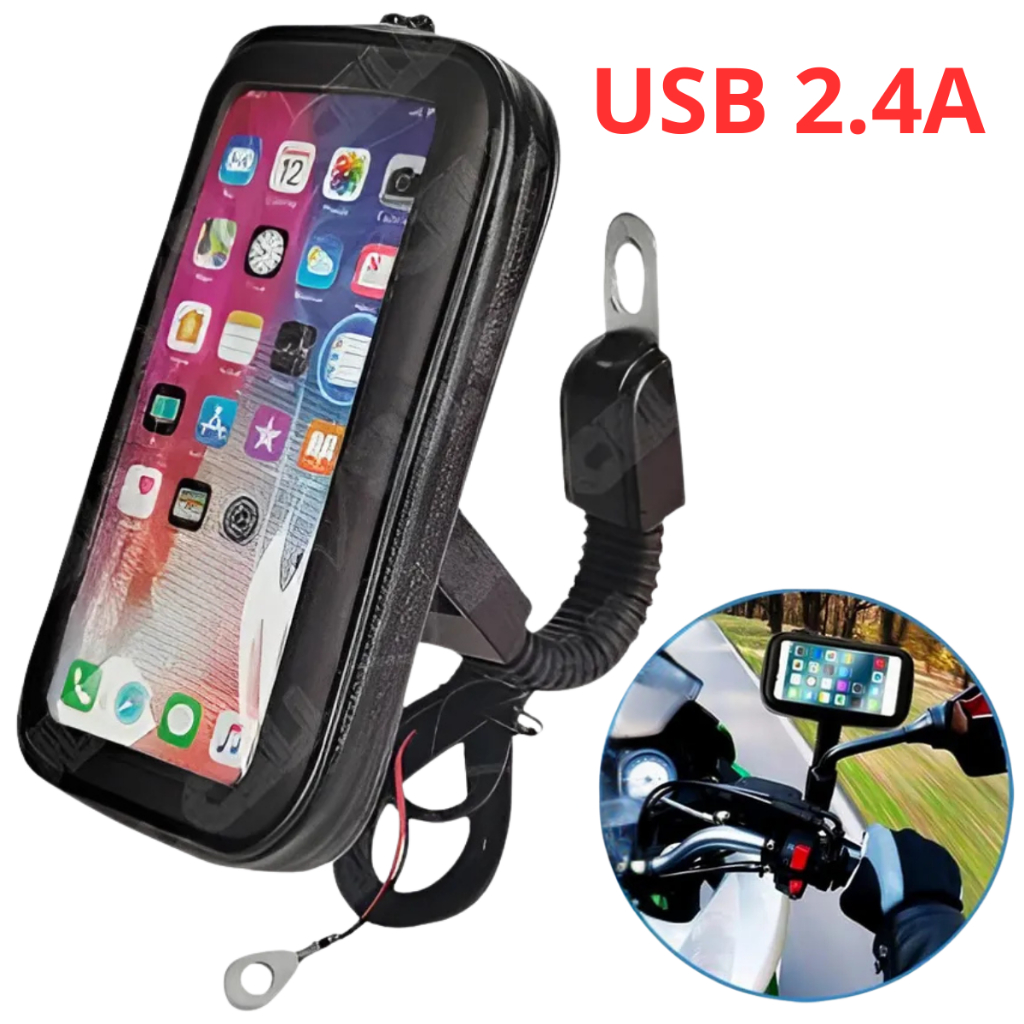 Suporte Case 6.5 Polegadas De Celular Impermeável Moto Bike Preto Prova D’Água Para Guidão Saída USB
