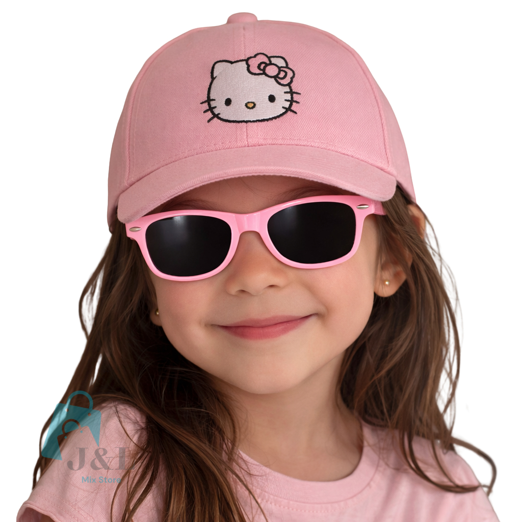 Boné Infantil Meninas Hello Kitty Rosa Ajustável Aba Curva Estilo Fashion Com Óculos de Sol