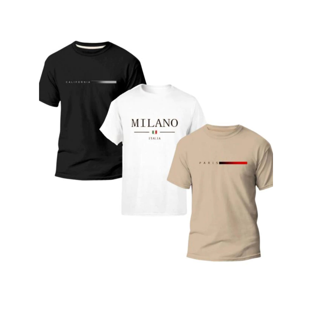 Kit camiseta Paris, Milano, California Camiseta masculina camiseta 100% algodão,Camiseta moda casual
