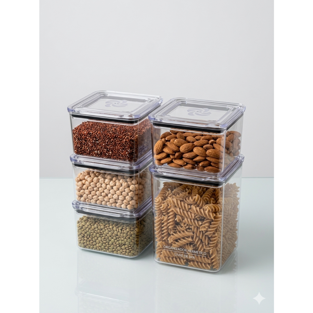 Kit 5 Potes Hermetico Acrilico Empilhavel Mantimento Cozinha Transparente