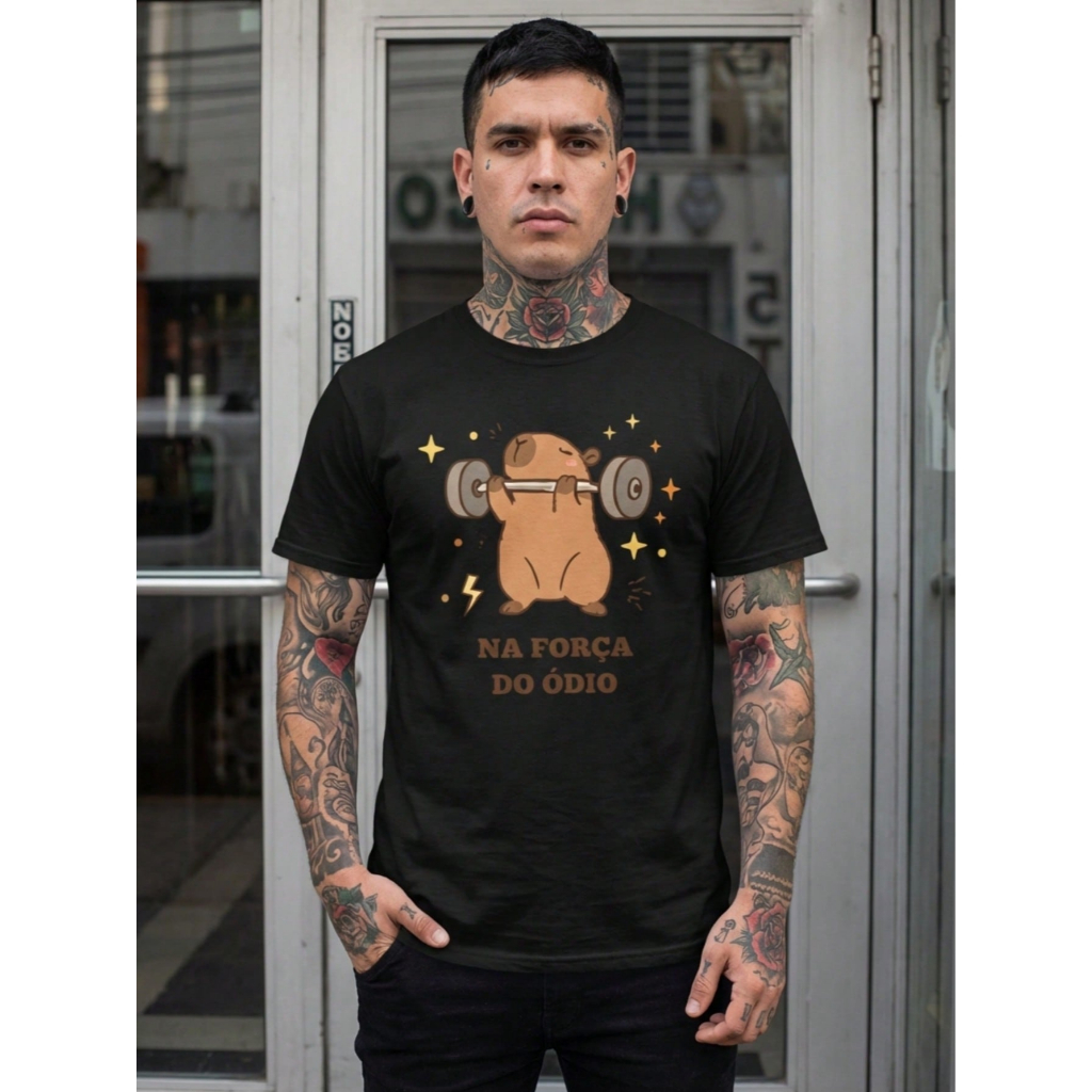 Camiseta  Masculina Gola Redonda  Estampada Capivara Academia “Na Força do Ódio” – Camiseta Divertida Fitness Streetwear