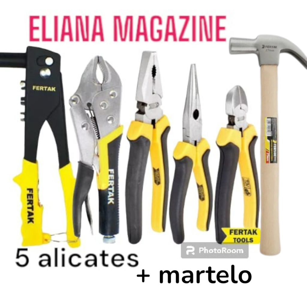 KIT 5 ALICATES- REBITADOR/CURVO/UNIVERSAL/BICO/CORTE + 1 MARTELO MADEIRA