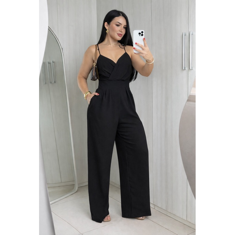 Macacão Feminino Pantalona Mais vendido Elegante Decote Transpassado Alças Finas reguláveis
