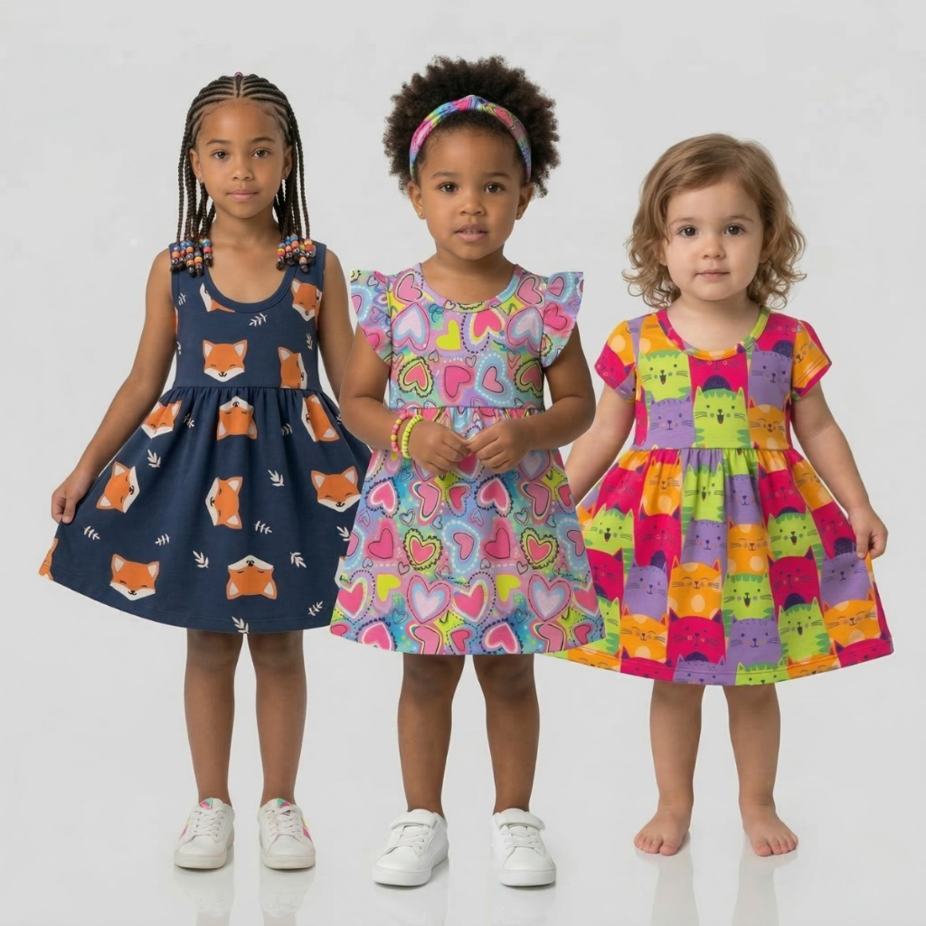 Kit 3 Vestidos Infantil Menina Estampado Lookinho Fashion Roupa Menina Sortido Premium Qualidade