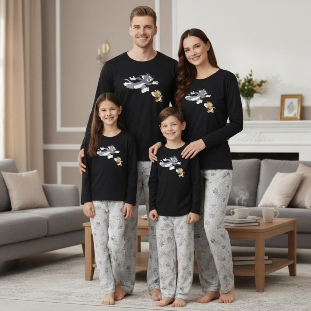 Kit Pijama Tom e Jerry de Frio Estampado Divertido Fofo Família Combinando Conforto Premium