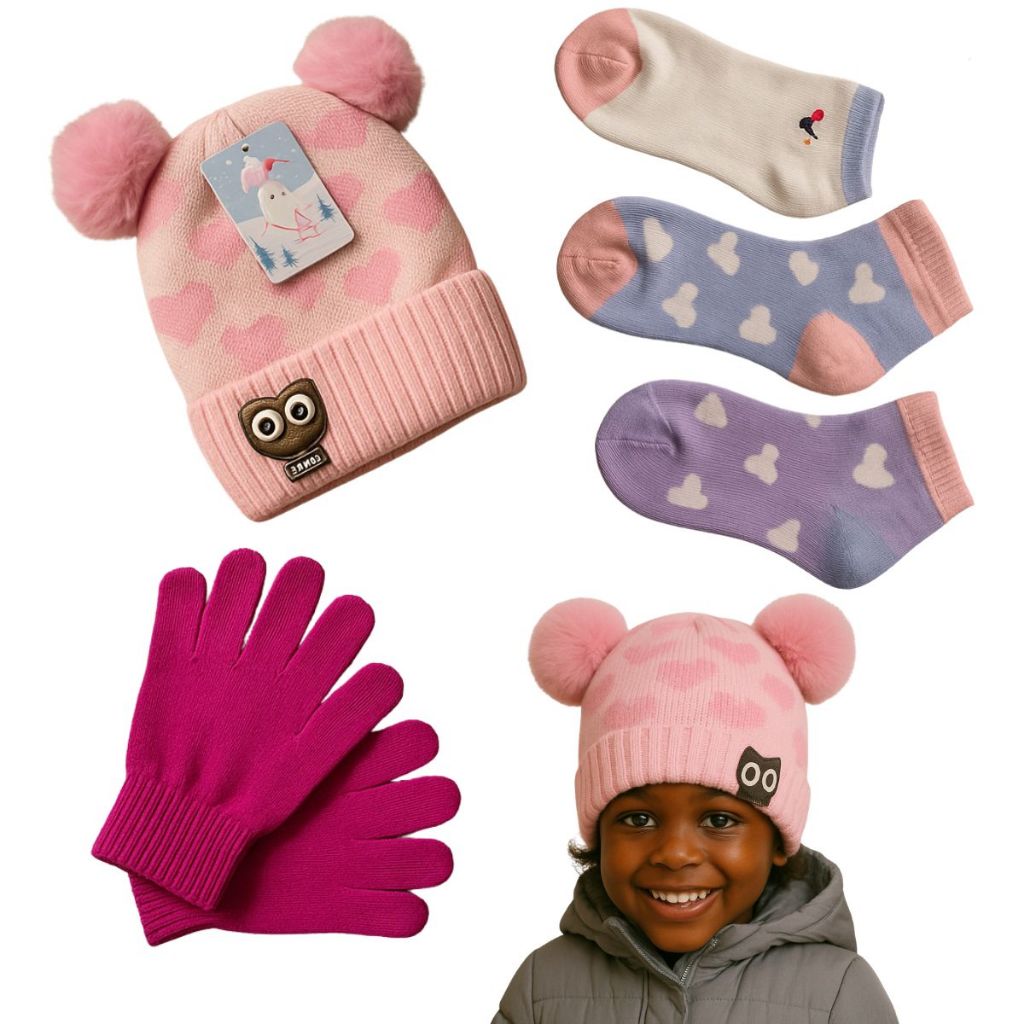 Kit 5 Peças Infantil Inverno Gorro Meias Luvas Feminino Masculino