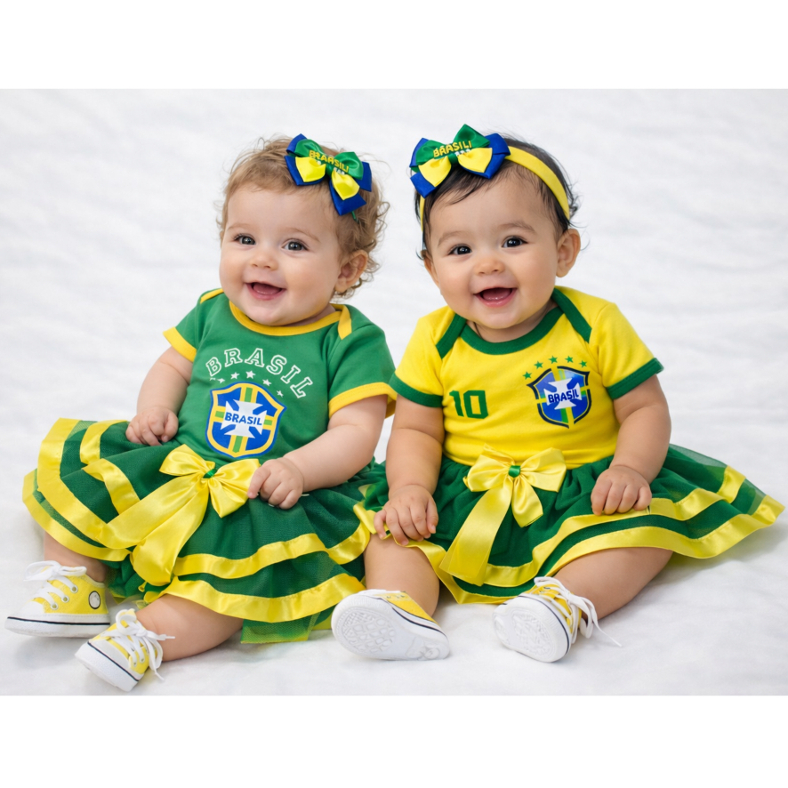 Body Bebê Brasil Mesversário Sorriso Campeã Fantasia Copa Do Mundo com Laço & Tule de Luxo & Tenis