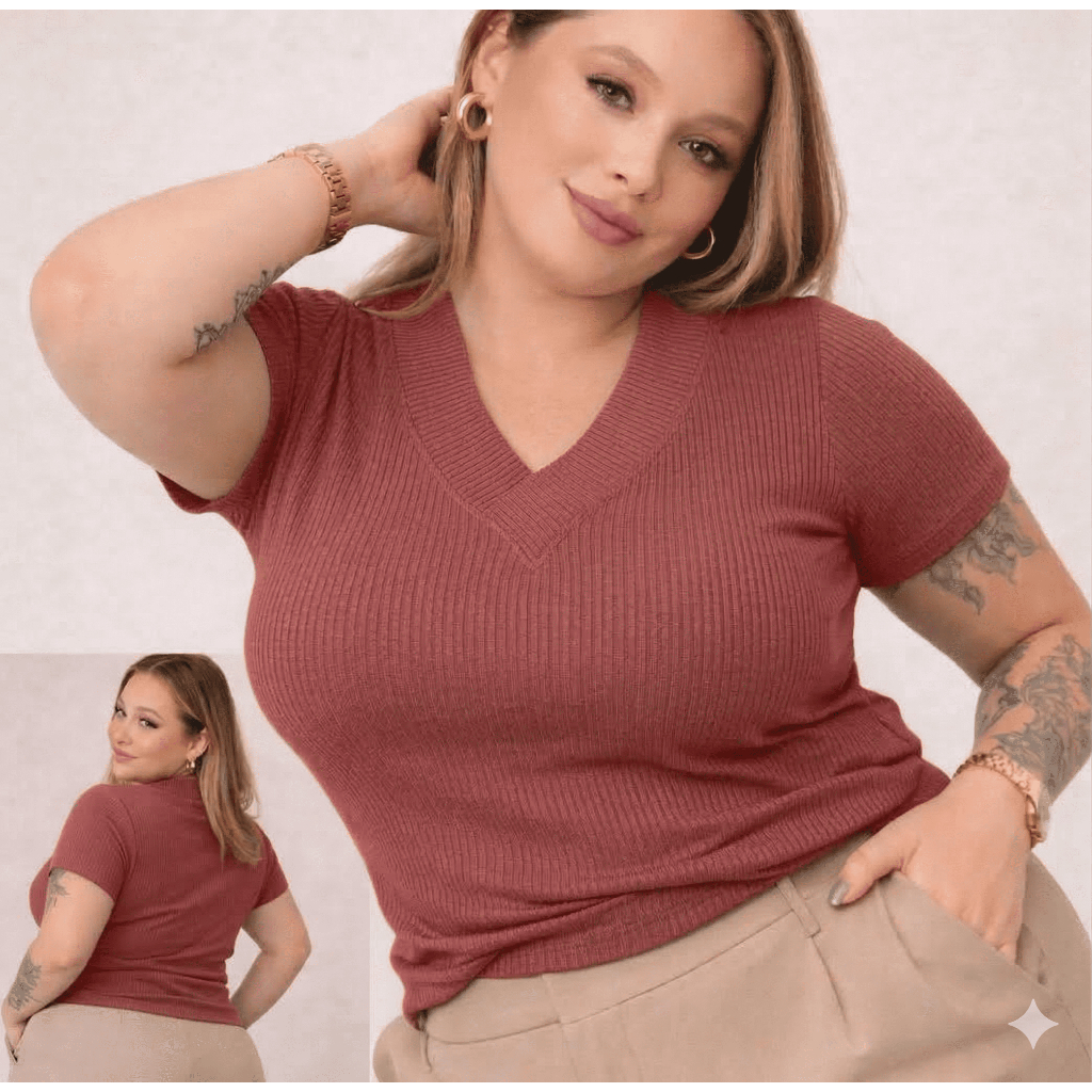 Blusa Feminina  Plus Size G ao G3 Gola V Na  Malha Canelada – Moda Confortável e Sofisticada