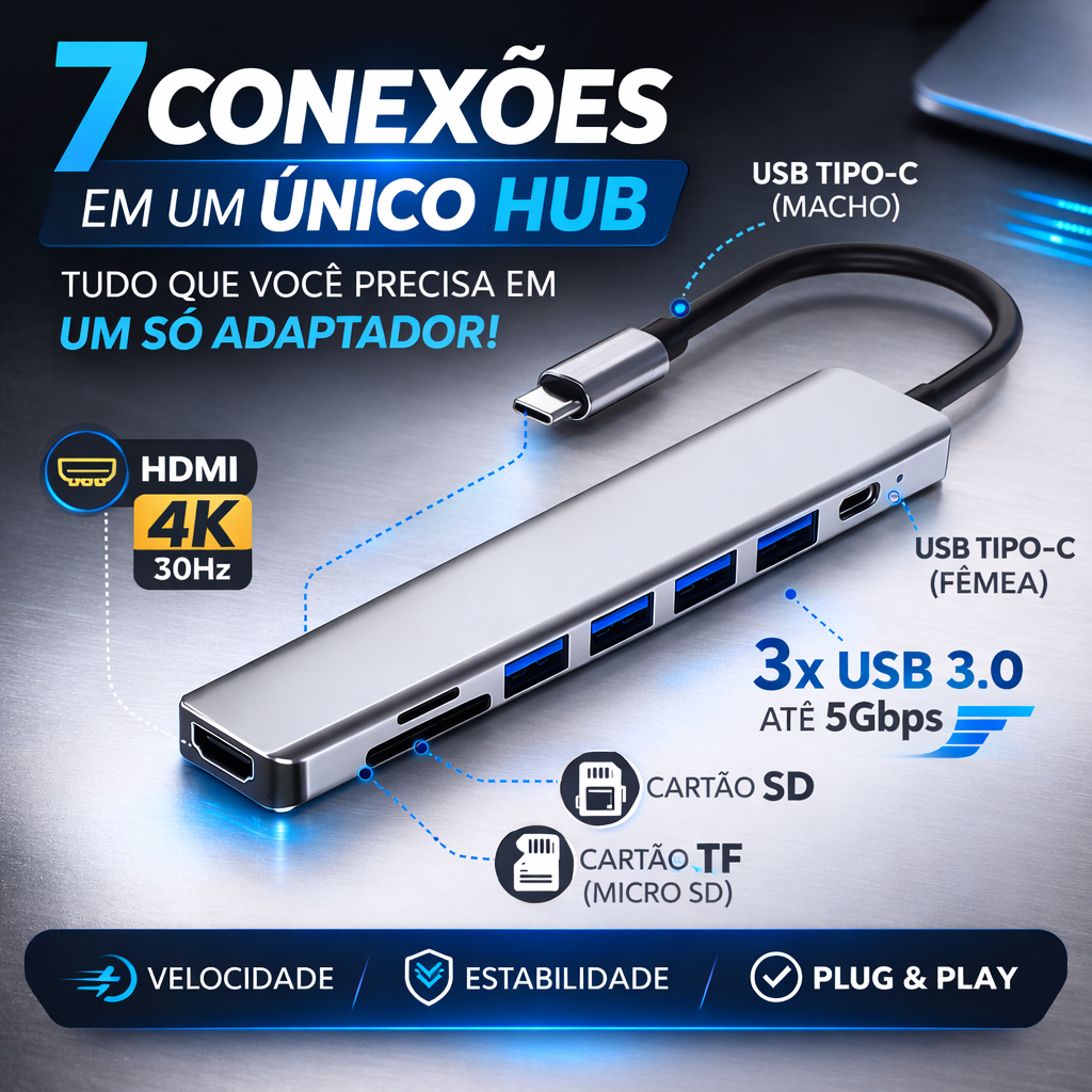 Hub USB C 7 em 1 HDMI 4K USB 3.0 Leitor SD TF Adaptador USB Tipo C para MacBook Notebook