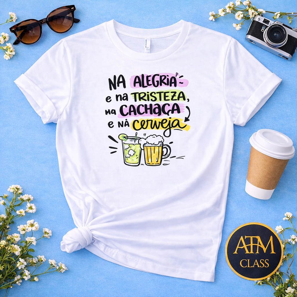 Linda Camiseta Premium T-shirt Na alegria na tristeza na cachaça e na cerveja juntos para sempre