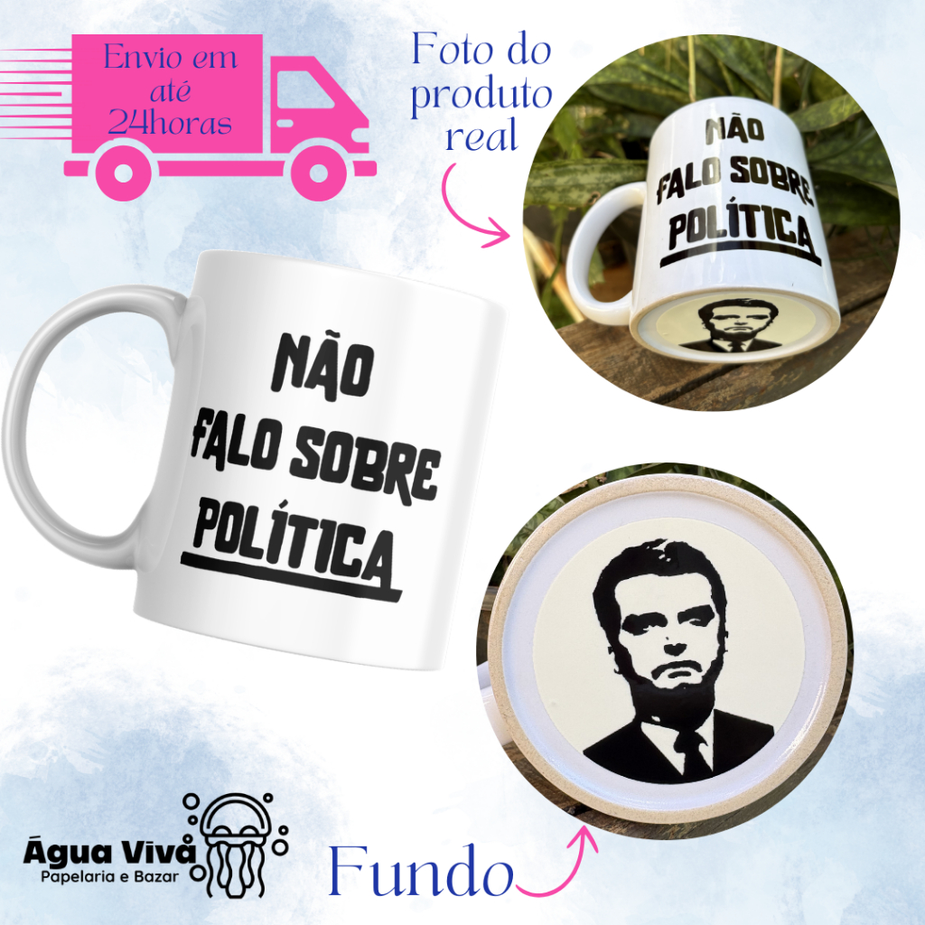 CANECA PORCELANA EU NÃO FALO SOBRE POLÍTICA COM IMAGEM PRETO E BRANCO NO FUNDO
