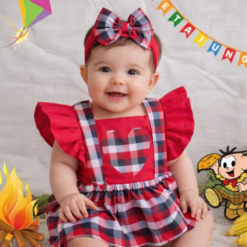 Romper Bebê Festa Junina Xadrez Vermelho com Tiara – Vestido Caipira Bebê São João