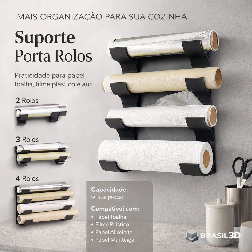 Suporte Porta Rolos Papel Alumínio Filme Plástico Organizador Papel Manteiga Sem Bagunça