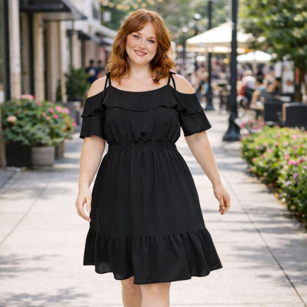 Vestido Feminino Plus Size Soltinho Manga Curta Lastex na Cintura e Babado Tecido Duna Confortável