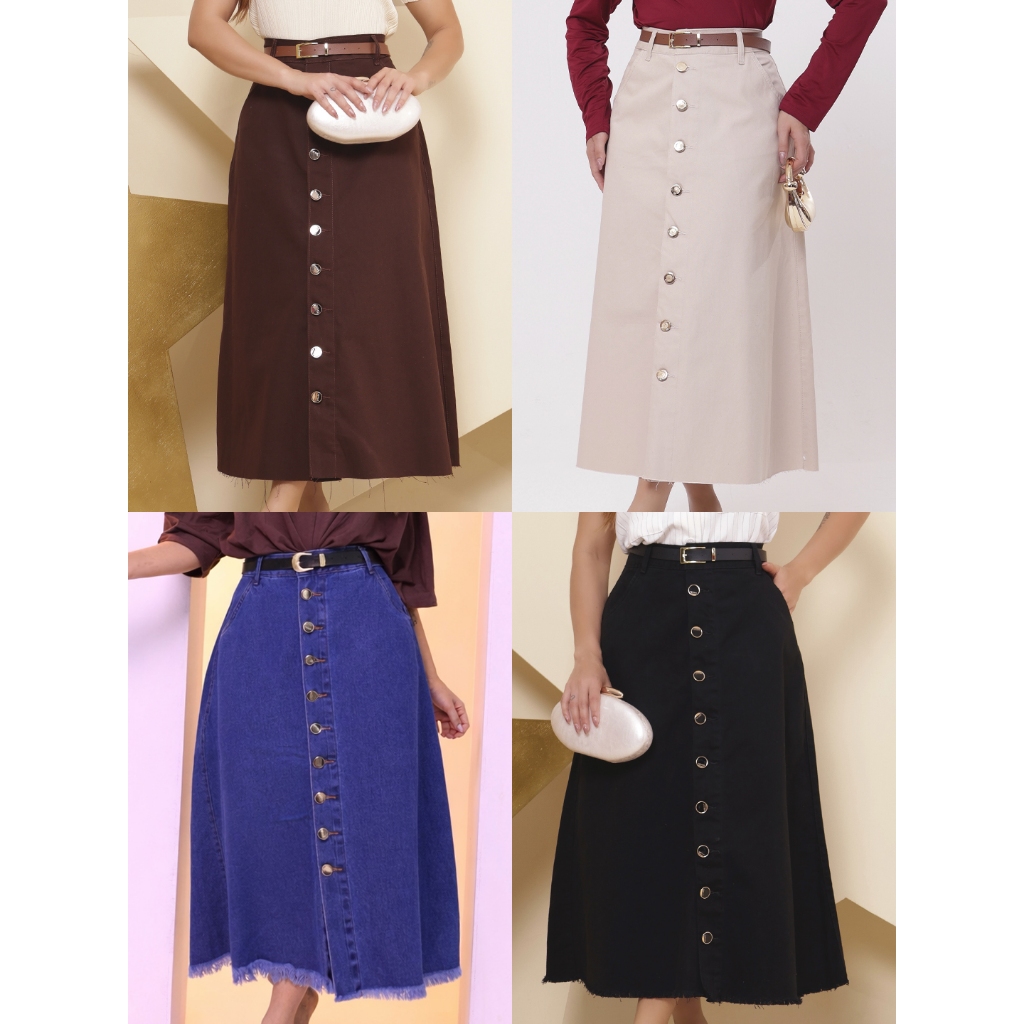 Saia Longa Feminina Moda Evangélica em Brim - Acompanha Cinto - Barra Desfiada em Oferta na Shopee