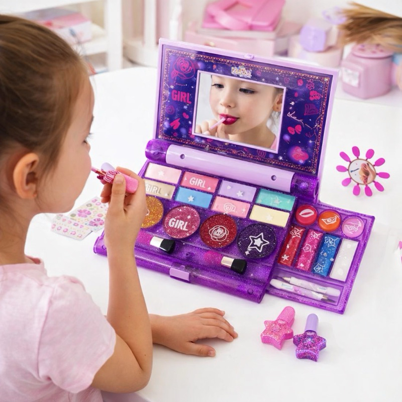 Kit Maleta Estojo de Maquiagem Infantil Completo Espelho Portatil Batom Sombra Unha Postiça Esmalte Gloss Brilho Labial
