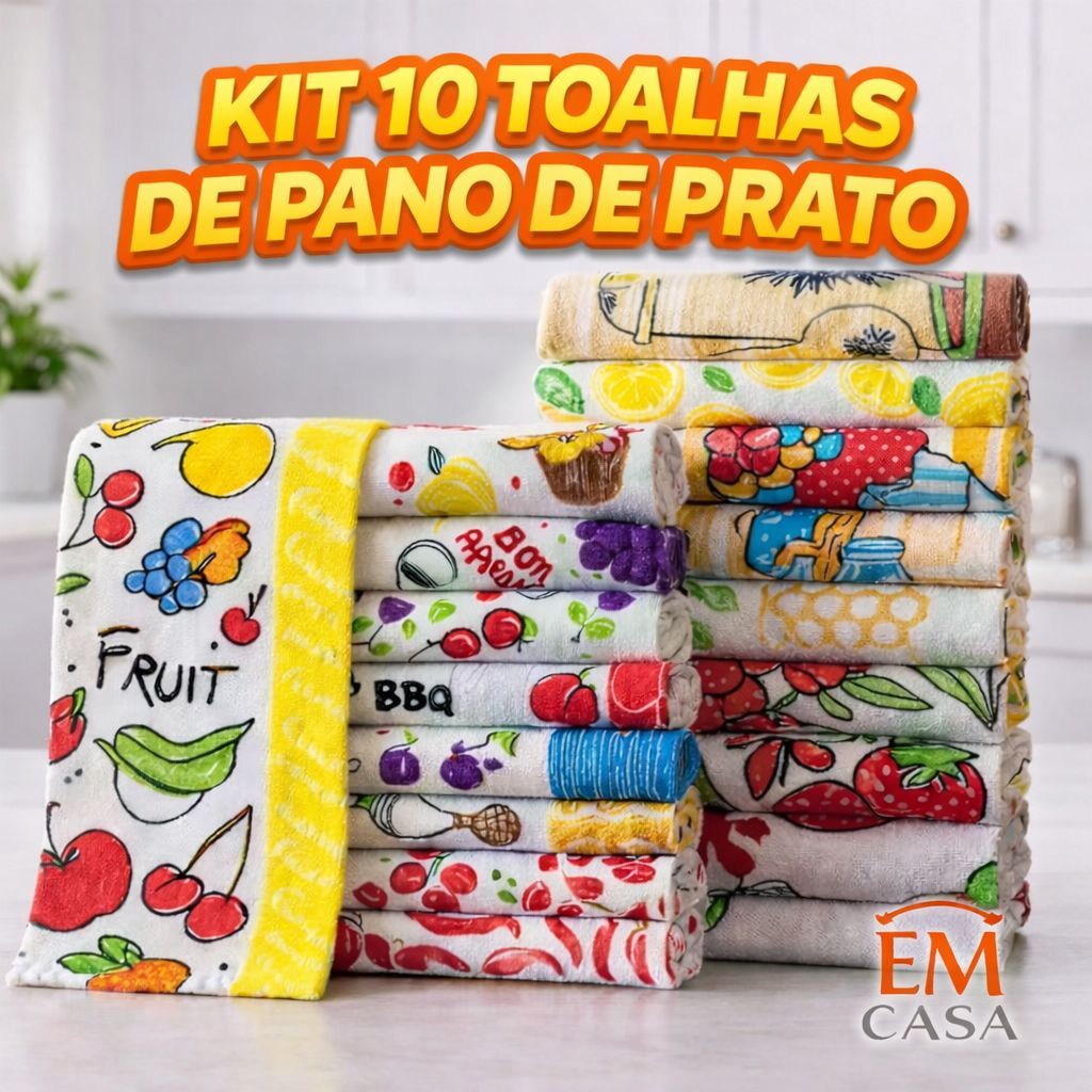 Kit 10 Panos de Prato 100% Algodão Felpudos Atoalhados Estampados Absorvente Cozinha