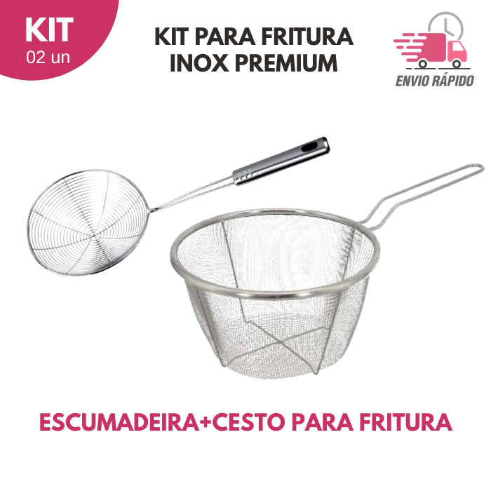 Kit Cesto Escorredor De Fritura  e Escumadeira Frigideira Fritadeira Bar Cozinha Restaurante Lanchonete