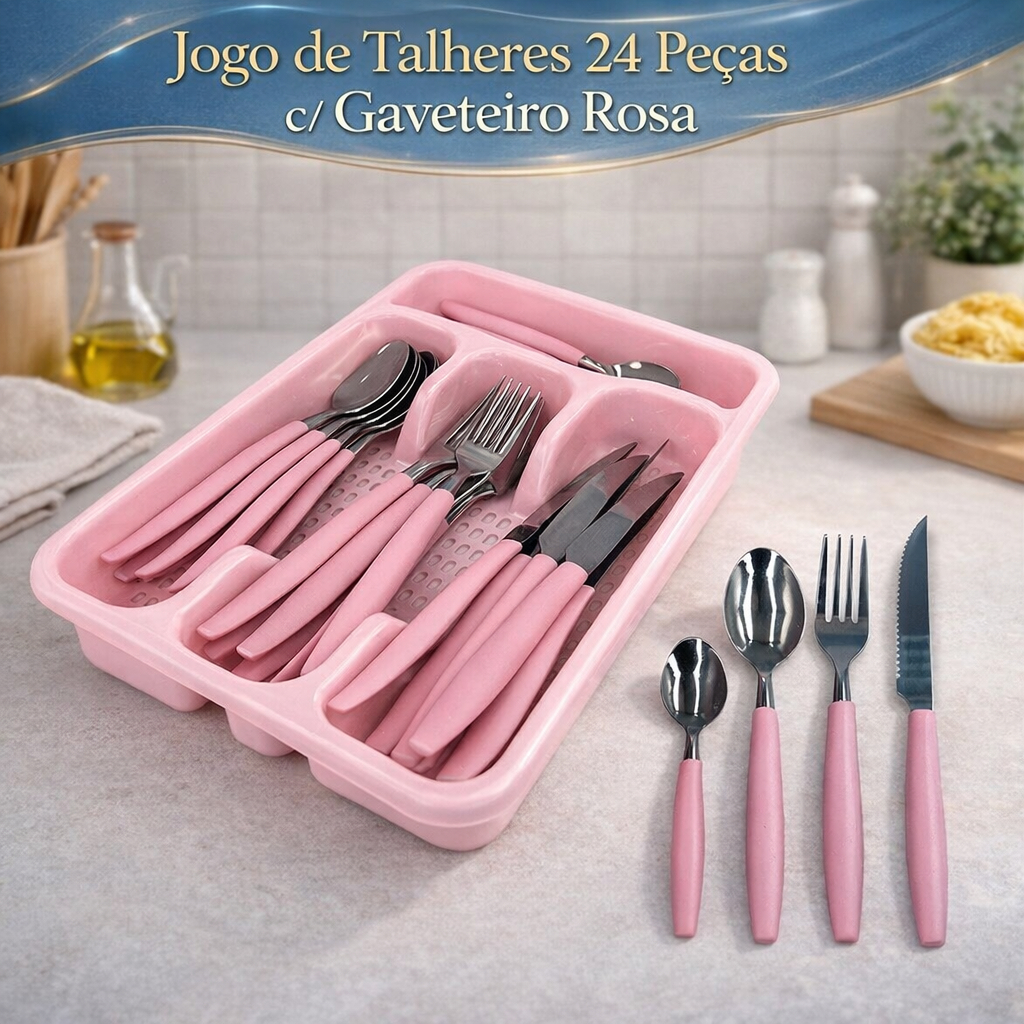 Jogo Talheres Aço Inox Completo 24 Peças com Gaveteiro Rosa Faqueiro Cozinha Garfo Colher Faca
