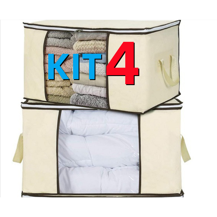 Kit 4 Caixas Organizadoras 60X45X30 Grande de Roupas Calçados Cobertas TNT Com Tampa Anti-Poeira Umidade Inseto Multiuso