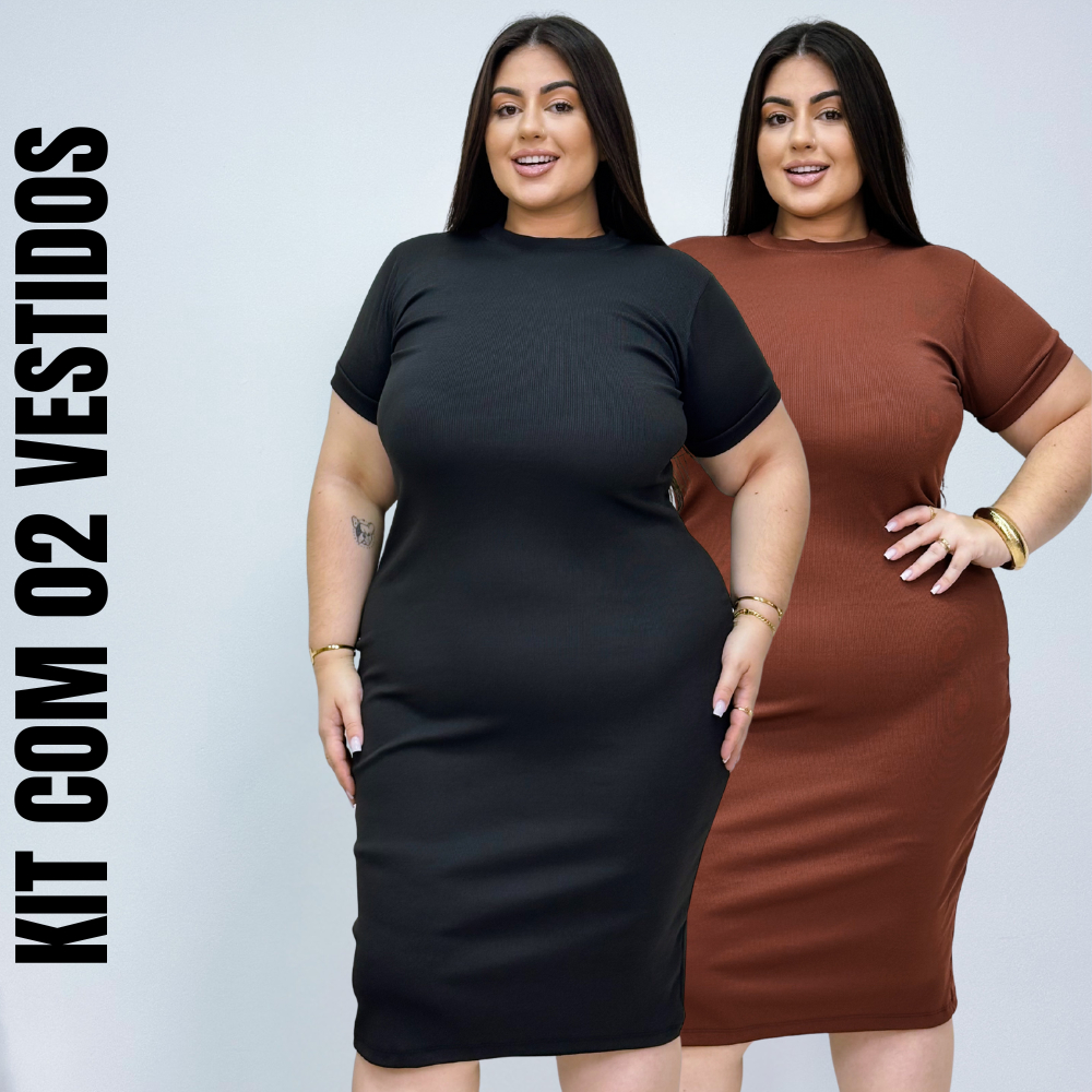 Kit 02 Vestidos Plus Size Midi Canelado Preto Marrom Nude Ribana Luxo Moda Verão e Inverno Premium