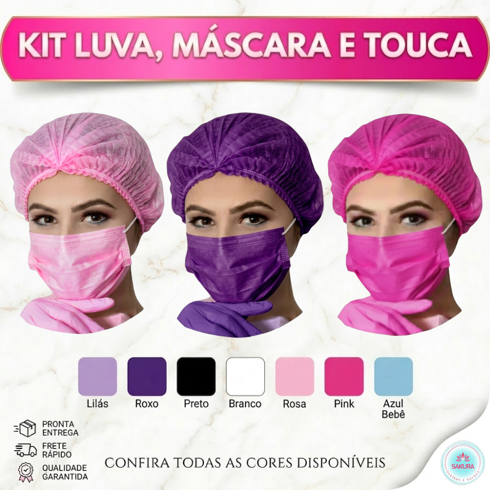 Kit 10 unidades Luvas, 5 Toucas TNT e 5 Máscaras com elástico - Rosa, Lilás...