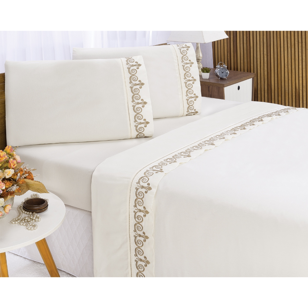 Jogo de Lençol Bordado para Cama Casal Queen Percal 400 Fios Toque de Algodão 4 peças
