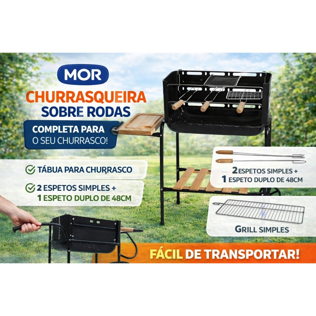 Churrasqueira Móvel Califórnia Com Bacia Esmaltada E Rodinhas Compacta Portátil Carvão com AcessóriosMor